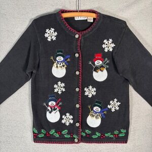 BP Design Holiday Cardigan Women's S Black Snowman Snowflake Christmas Sweater‎